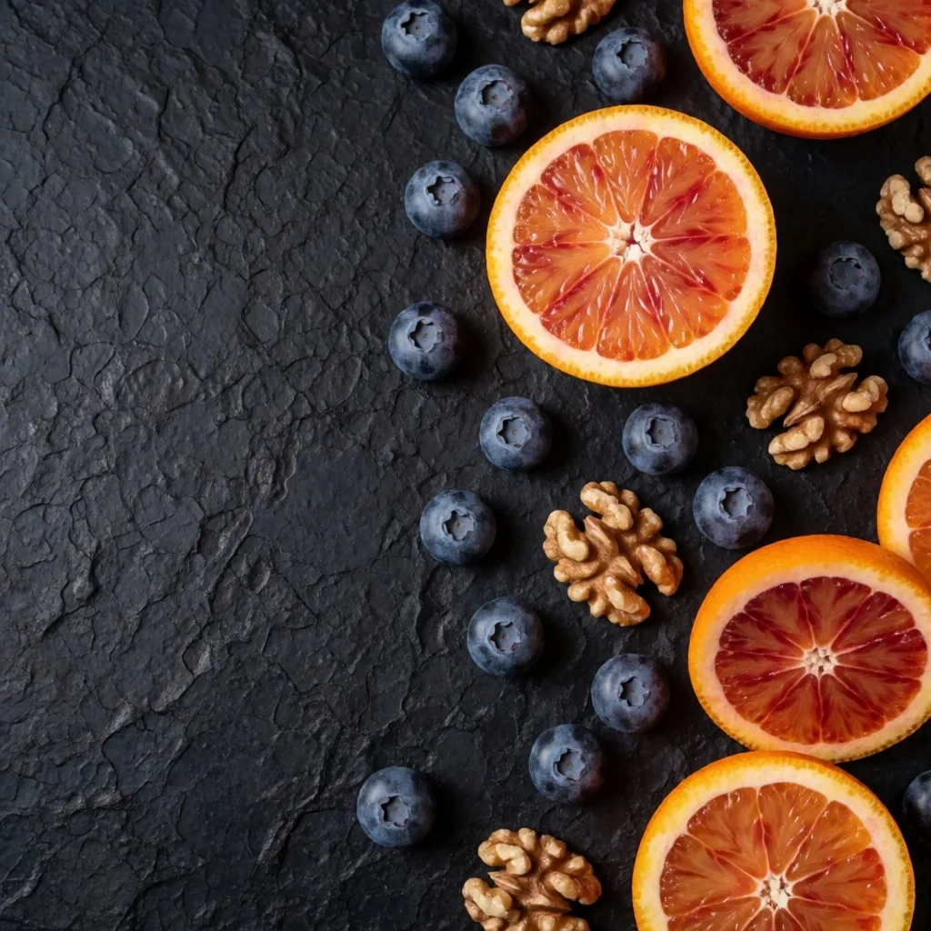 Antioxidánsokban gazdag ételek sötét felületen