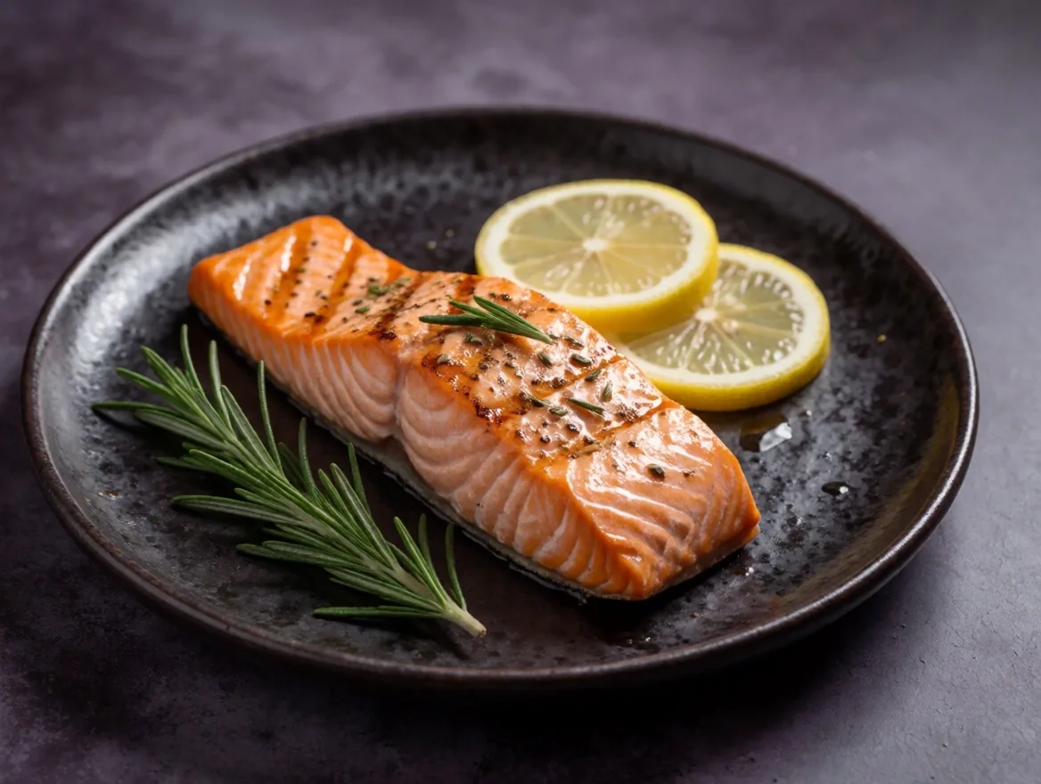 Grillezett hal friss fűszerekkel sötét tányéron