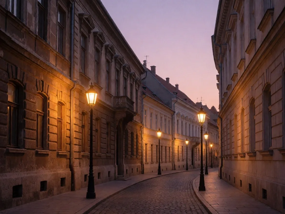 Magyarországi város utca képe szürkületkor lámpafénnyel